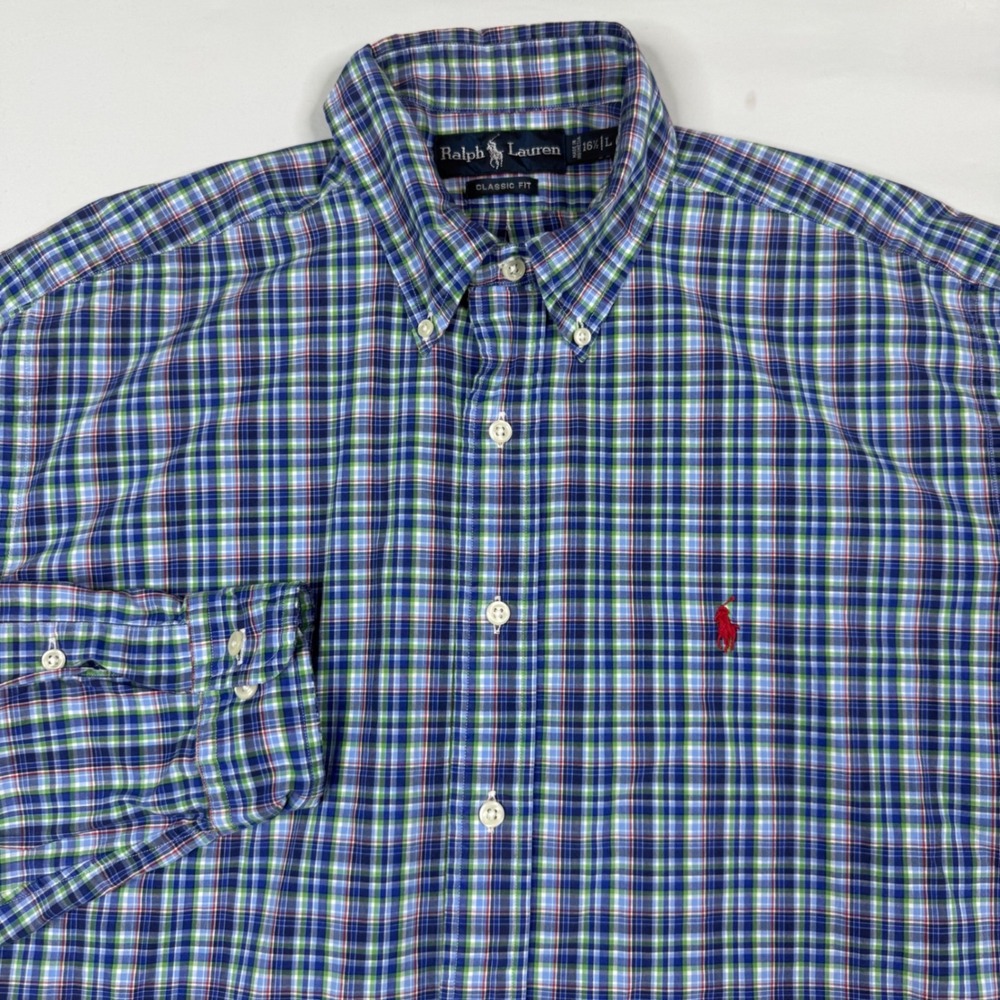 Polo Ralph Lauren Button Down Shirt Mens Large Blue Green Plaid Classic Fit